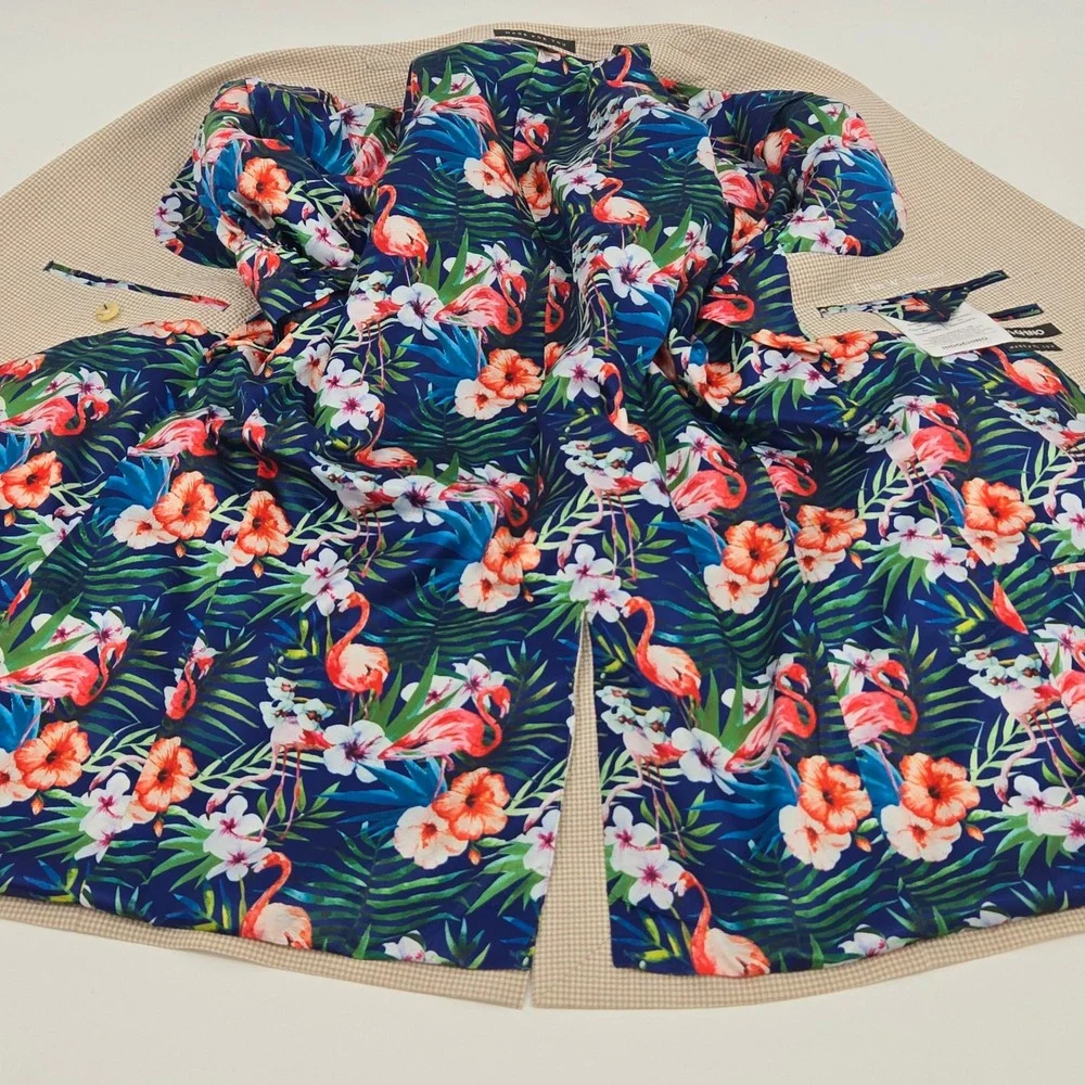 Indochino Blazer Mens Custom Tan Gingham‎ Wool Blend Tropical Flamingo Lining